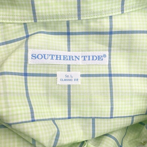 Southern Tide Mens Size Large Button Down Dress Shirt Plaid Green Blue White - Picture 9 of 10